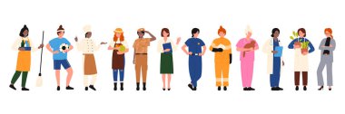 Farklı mesleklerden kadınlar vektör çizimi yapar. Karikatür, üniformalı, hastane ya da polis personeli, temizlik hizmetleri, profesyonel iş kadını...