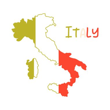 İtalyan haritası bayrak renkleriyle dolu. Avrupa karikatür vektör illüstrasyonunda ünlü turistik ülke