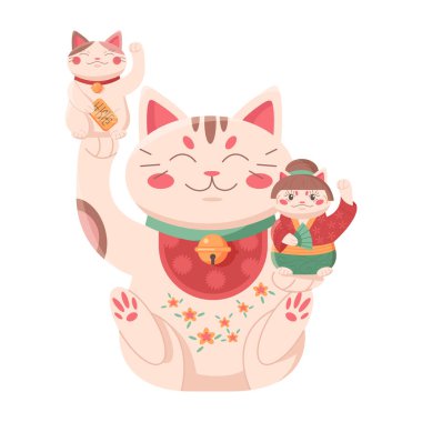 Maneki Neko servet kedisi. Geleneksel Japon şanslı kedisi, zengin karikatür vektör çizimi getiriyor.