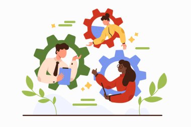 Güçlü adanmış ekibin gelişimi ve verimliliği. Çalışanlar için etkin rolleri olan şirket işbirliği ve şirket takım çalışması yapısı, vites mekanizması karikatür vektör ilülasyonu