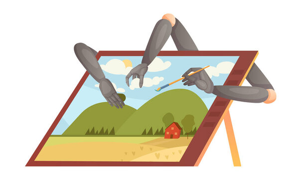 Искусство, созданное с помощью векторной иллюстрации искусственного интеллекта. Мультфильм руки робота с кистью рисунок изображения на экране планшета, искусственный интеллект автоматизированной работы вместо человека художника для генерации цифрового контента