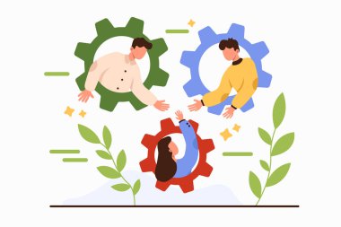 Dayanışma, destek ve çalışanların sendikası, güçlü bir takım olarak çalışmaya teşvik. Dişlilerin içindeki meslektaşlar el ele tutuşuyor, birleşik minik insanların takım çalışması vektör çizimi.