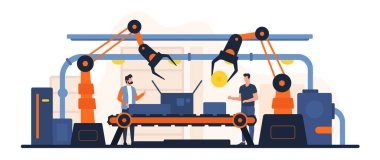 Robot kollar kullanarak otomatik akıllı taşıyıcının montaj işlemini başlatın. Mühendisler ve erkek operatörler makine kalitesini ve verimli ağ üretimi çizgi film vektör illüstrasyonunu kontrol ederler