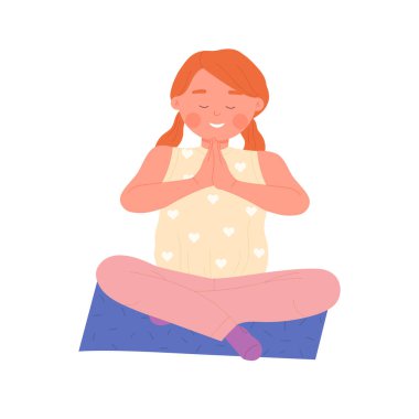 Meditasyon pozunda gülümseyen küçük kız. Çocuklar yoga sporu çizgi film çizimi yapıyor.