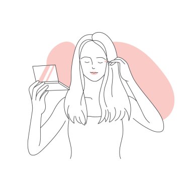 Göz farı süren bir kız. Profesyonel makyaj rehberi, dekoratif kozmetik çizgisi çizimi illüstrasyonu