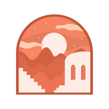 Soyut Fas manzarası. Geleneksel Fas mimarisi ve çizgi film vektör çizimi