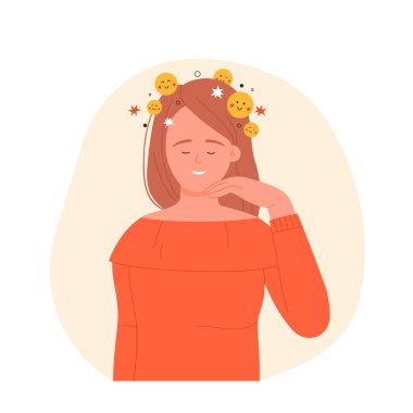 Olumlu düşünen neşeli bir kız. İyimser kişilik, pozitif düşünceler vektör çizimi