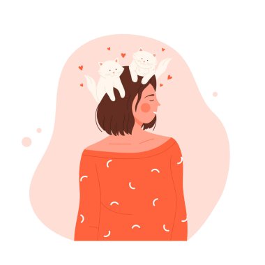 Çok düşünceli bir kız. Kediler için aşk, pozitif akıl, iyimser düşünceler karikatür vektör çizimi