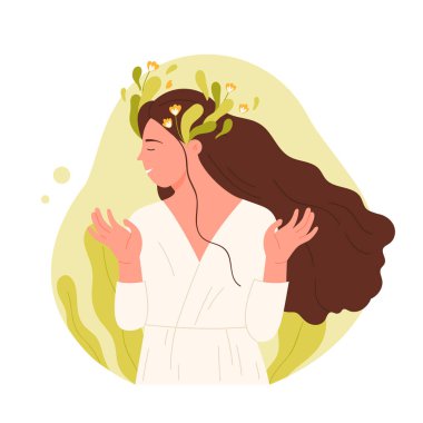 Pozitif tavırlı güzel bir kız. Başında yeşil çiçek olan kadın çizgi film çizimi