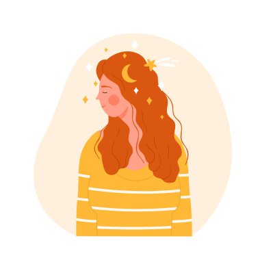 Hayal gören kızıl saçlı kız. Pozitif tutum ve iyimser düşünceler vektör çizimi