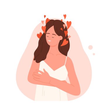 Aşk düşünceleri olan bir kadın. Pozitif sıcak düşünce, romantik akıl karikatürü vektör çizimi