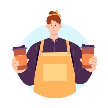 Kahveli barista. Kahve dükkanında Latte ve cappuccino, sıcak içecek vektör çizimi hazırlıyorum.