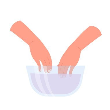 Kadın elleri su dolu kasede. Güzellik tırnağı bakımı, manikür prosedürü vektör çizimi