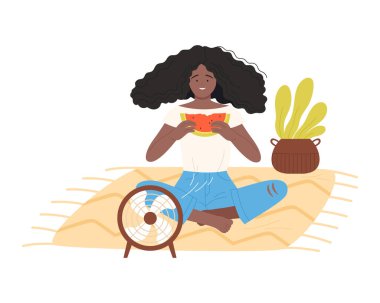 Vantilatörün önünde karpuz yiyen kız. Soğutma cihazı, rüzgar üfleyici vektör çizimi