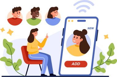 Sevk programı. Reklamcılar, etkileşimi artırmak için büyük cep telefonunun yanında oturan küçük bir kadın, kızın takip etmesi ve müşteri karikatür çizimleri grubuna katılması için mesaj sunuyor.