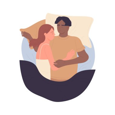 Yatakta uyuyan çiftin üst görüntüsü. Yatak odasında rüya gören insanlar, yatmadan önce rutin vektör çizimi.