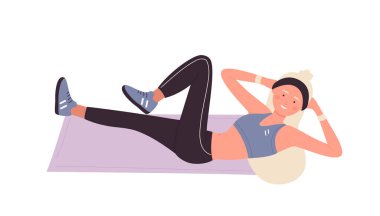 Karın kasları çalıştıran kadın koç. Spor eğitmeni çatırdıyor, kişisel antrenör vektör çizimi yapıyor