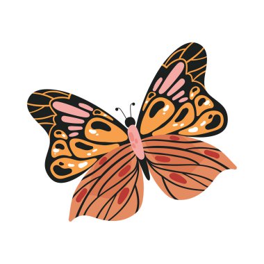 Çizgi film renkli el çizimi kelebek uçuş vektörü çizimi izole edildi