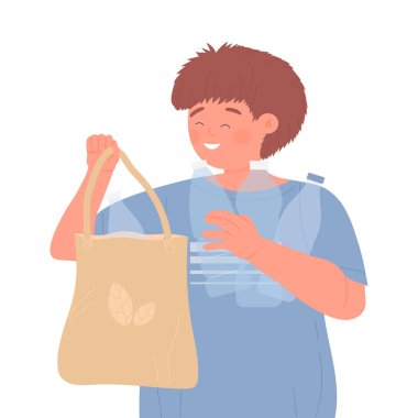 Küçük çocuk plastik şişe topluyor. Sıfır atık çocuk, çöp yönetimi vektör çizimi
