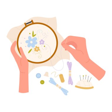 El yapımı nakış atölyesi. Yaratıcı el işi hobisi çizgi film vektör çizimi