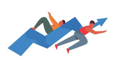 Büyüyen okun üstündeki insanlar. Başarılı insanlar, ticari başlangıç büyümesi düz illüstrasyon