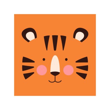 Simple tiger portrait. Cute animal head portrait, kawaii tiger face flat illustration clipart