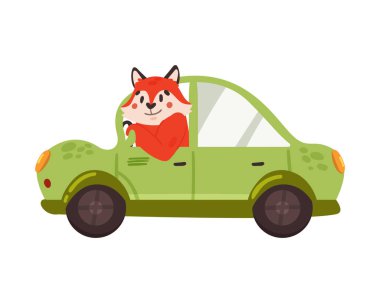 Fox araba kullanıyor. Taşımacılık kullanan hayvan, komik vahşi sürücü düz vektör çizimi