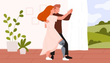 Özürlü genç bir kadın ve erkek sınıfında modern romantik dans ediyor. Protez bacaklı, yakışıklı koca ve mutlu eş el ele tutuşuyor ve çizgi film çizimleri çiziyor.