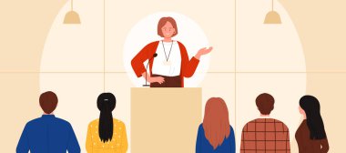 İzleyiciler önünde podyumda konuşmacı konuşma yapacak. Rostrum 'da elinde mikrofonla duran mutlu kadın, genç bayan lider karikatür vektör illüstrasyonunda kalabalığa sesleniyor.