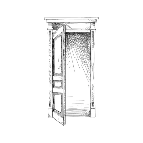 Abrir Posição Porta Porta Entrada Home Ilustração Madeira Vetor Esboço — Vetor de Stock