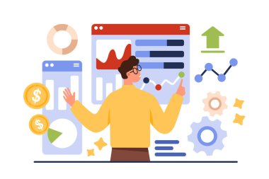 Ölçümleme, veri raporları değerlendirme. Küçük işadamının istatistik grafikleri ve metrik bilgilerinin mali analizi, kalite ve araştırma teknik göstergelerini karikatür vektör çizimlerini karşılaştırır