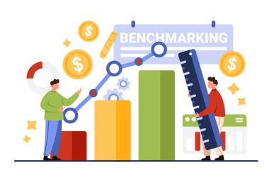 Kriterleme analizi, en iyi kalite ve finansal ilerleme analizleri. Küçük insanlar grafik birimini cetvelle ölçer, veri performans karikatür vektör ilülasyonundaki kar göstergelerini karşılaştırır ve kontrol eder