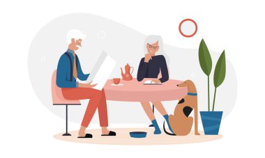 Masada oturan yaşlı bir çift. Gazete okuyan kıdemli bir adam, çay içen yaşlı bir kadın vektör çizimi.