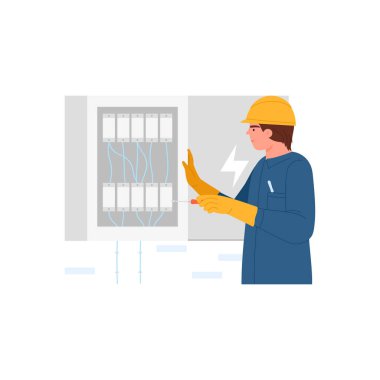 Elektrikçi elektriği kontrol ediyor. Elektrikçi onarım servisi, endüstriyel işçi düz vektör çizimi