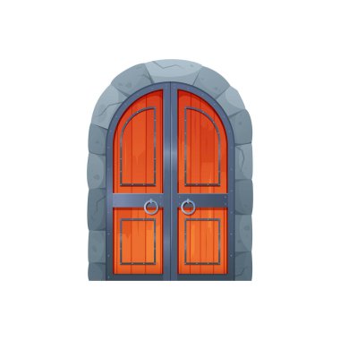 Closed gate to the castle. Medieval wooden gate, old city entrance cartoon vector illustration clipart