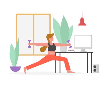 Dambılı genç kız. Ev sporu, fitness egzersizi, sağlıklı yaşam tarzı düz vektör çizimi