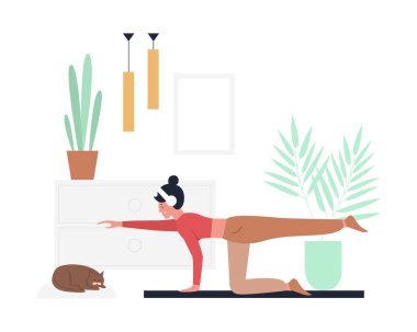 Yoga pozisyonunda genç bir kız. Ev sporu, fitness egzersizi, sağlıklı yaşam tarzı düz vektör çizimi