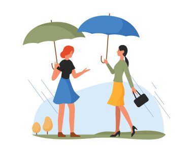 Şemsiyeli bayan arkadaşlar. Açık havada yürümek, birlikte eğlenmek, kadın arkadaşlığı düz vektör çizimi.