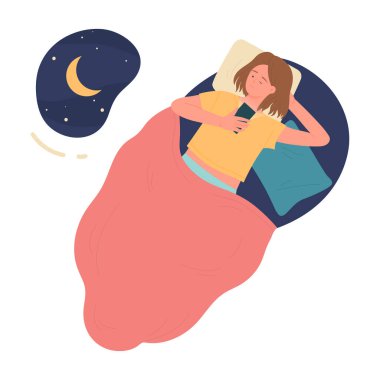 Cep telefonuyla yatakta yatan kız, gece vektör illüstrasyonunda uykusuzluk stresi.