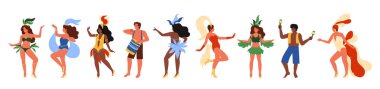 Brezilya karnaval setinin dansçıları. Brezilya 'da gece partisinde festival burlesque kostümleri ve kuş tüyü dansları içinde mutlu insanlar, erkek ve kadın çizgi film çizimleri için kutlama ve Latin dansı