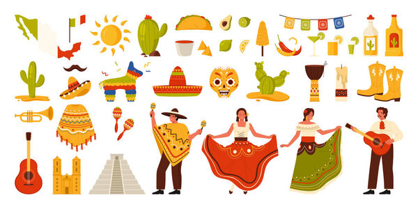 Travel to Mexico set. Mexican food and carnival party stickers collection, symbols of holidays, Latino guitar and sombrero, poncho with bright ornament and maracas cartoon vector illustration