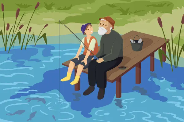 漁師と少年が湖の水で釣りました 古い木製の桟橋に座って 自然の漫画のベクトルイラストで楽しい夏の家族の冒険をキャッチする高齢の祖父と孫 ベクターグラフィックス