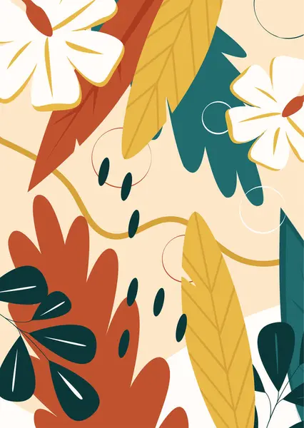 Blumen Und Blätter Tropischem Muster Mit Strichen Kreisen Gewellten Linien lizenzfreie Stockillustrationen