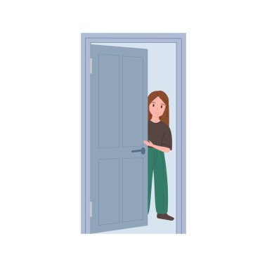 Gri kapının arkasından bakan kız, kapı önündeki vektör illüstrasyonunda duran çocuk