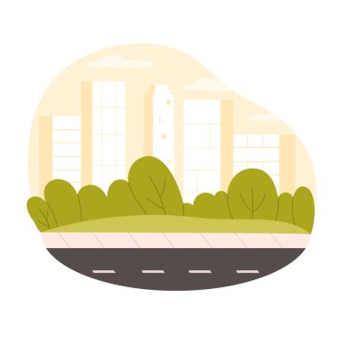 Ön planda yemyeşil bir parkın bulunduğu kentsel bir vaha. Arka planda yalıtılmış yumuşak bir gökyüzünün altında yükselen modern bir şehir silueti var.