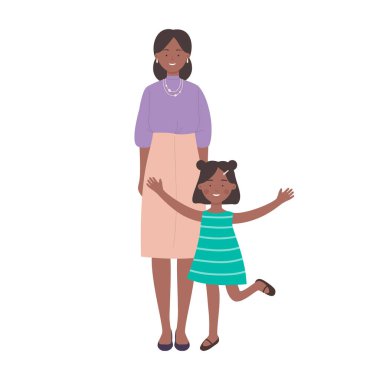 Mutlu anne ve kız gülümsüyor, küçük kız elbiseli eğlenceli vektör çizimi yapıyor.