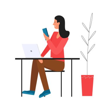 Masada dizüstü bilgisayarı ve cep telefonu olan genç bir kadın, vektör çizimi yapan bir ofis çalışanı.