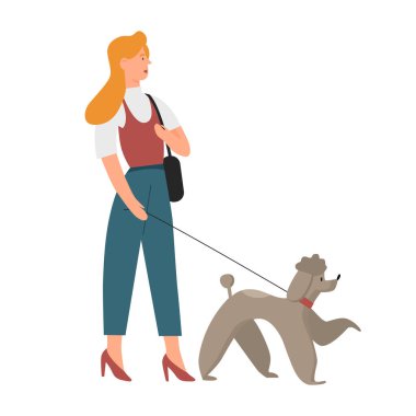 Tasmalı bir kadın, yürüme vektörü illüstrasyonunda bir kız ve bir köpek.