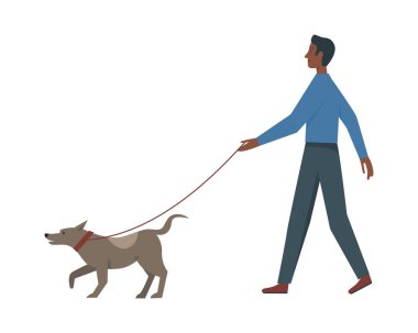 Köpeği olan bir adam, mutlu hayvan ve insan vektör illüstrasyonunun yaz parkı aktivitesi.