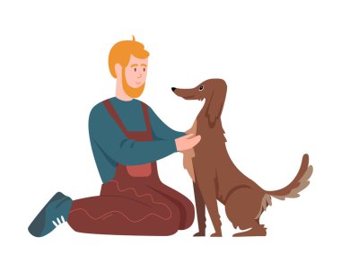 Adam ve mutlu köpek yerde oturuyor, Mutlu hayvan sahibi ve köpek vektör illüstrasyonları